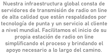 Nuestra infraestructura global consta de servidores de transmisión de radio on line de alta calidad que están respaldados por tecnología de punta y un servicio al cliente a nivel mundial. Facilitamos el inicio de su propia estación de radio on line simplificando el proceso y brindando el apoyo necesario a lo largo del camino.